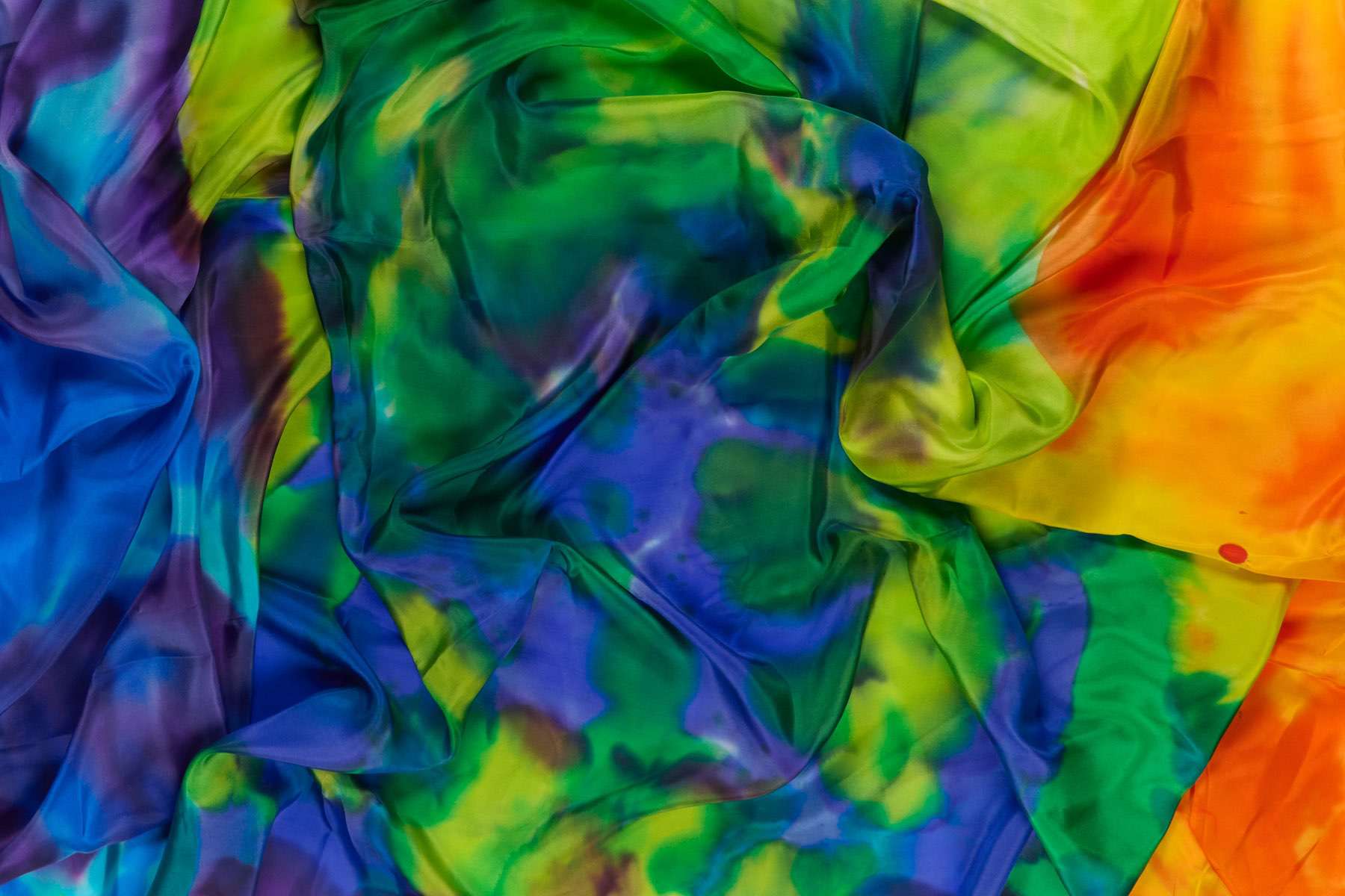 Dellas Bennell, Leera Bennell, Korrine Bennell, Dawn Alone, Rhona Wallam, Candice Nannup, Rhonda Norman & Violet Coyne, <em>Noongar Six Seasons</em>, 2024, painting on silk, 100 × 400 cm
